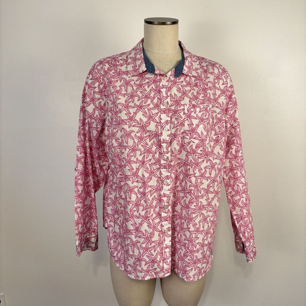 Talbots Womens Size XLP Pink Starfish Blouse Top Button-Down Shirt Cotton